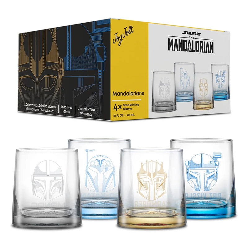 Joy Jolt Mandalorian short drinking glass set. 4 glasses shown with packaging box