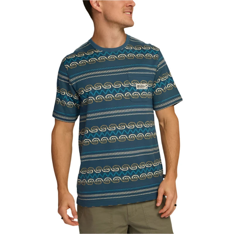 Model wearing Howler Brother's Jacquard T-shirt in Zicatela pattern, front view