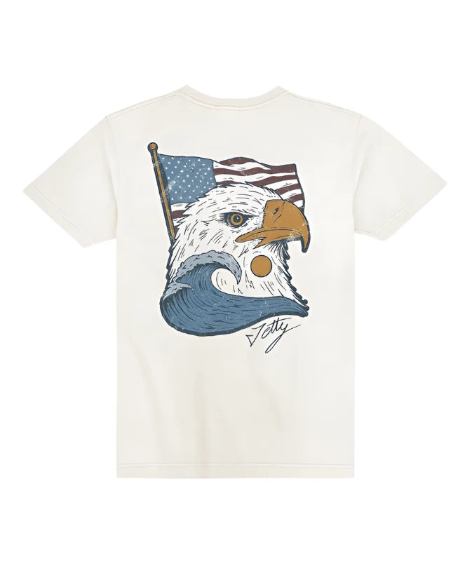 Jetty "Land Of the Stoke" Tee, large back graphic with eagle, left front graphic, flat lay rear view