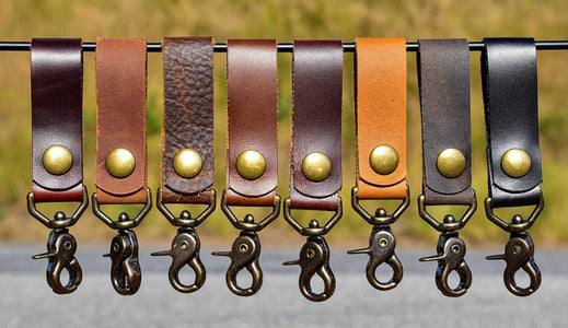 Leather Key fob/ Keychain with Brass button and lobster clasp, showing available colors