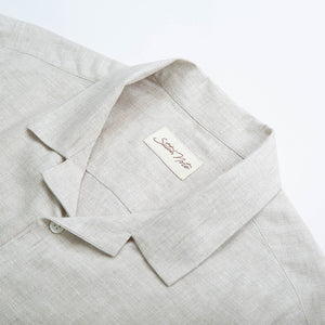 Stitch Note Lewis Tan Linen Shirt, flat lay close up detail  view