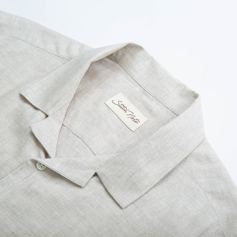 Stitch Note Lewis Tan Linen Shirt, flat lay close up detail  view