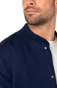 Model wearing Liverpool Lisbon Jacket in Midnight Navy, Front close up detail View