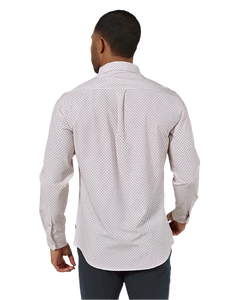 Model wearing 7 Diamonds Lucian Long sleeve shirt, off white, rear view