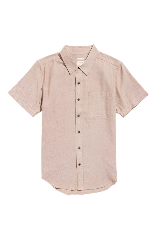 Bridge & Burn Malcom short sleeve chambray shirt in rust chambray color, flat lay view