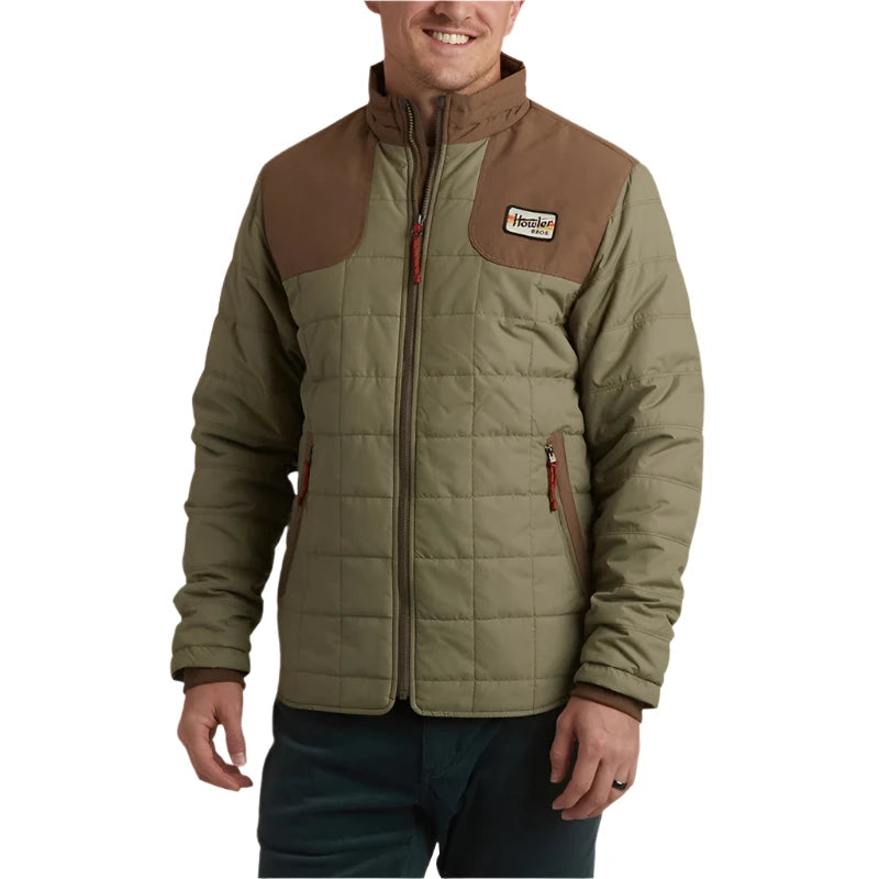 Model wearing Howler Brothers Merlin Jacket in Mountain Green/Teak Color, Front  view