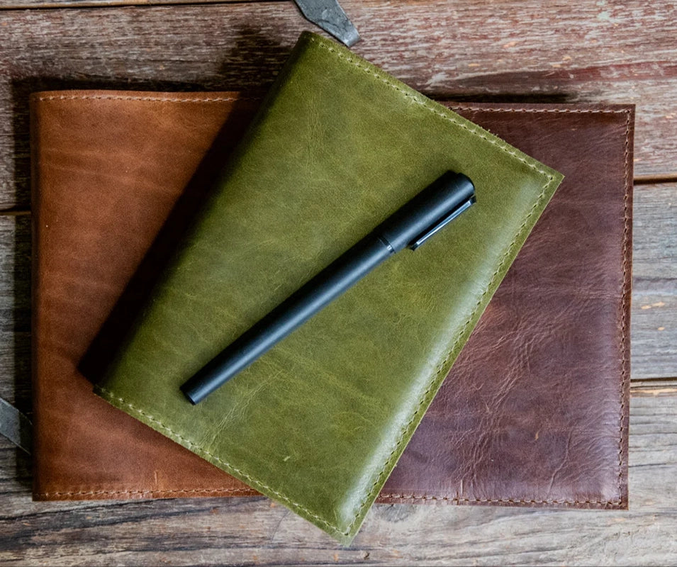 Medium sized A6 leather Journal with refillable Blank notebook, in moss green color