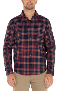 Liverpool button up shirt in navy/red multi colored plaid, front view