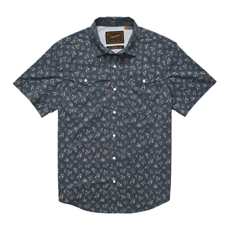 Howler Brothr's Open Country Tech shirt in the Rancher floral - dark Slate option, flat lay view