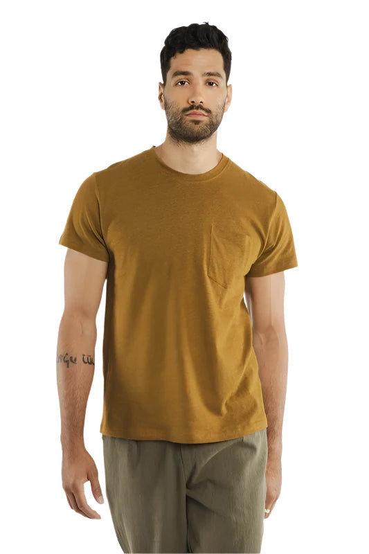 Model Wearing Bridge & Burn Organic Hemp Pocket Tee in Ochre Color, front  view