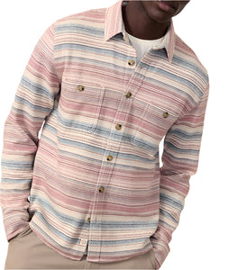 Model wearing Marine Layer Pacifica Stretch Twill Shirt in warm Baja stripe, closer detail  view