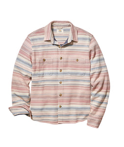 Marine Layer Pacifica Stretch Twill Shirt in warm Baja stripe, flat lay view