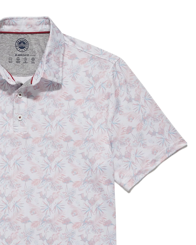 Flag & Anthem Pasadena Toucan Polo in white/coral color, flat lay, close up detail view