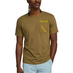 Model Wearing Howler Bros. Pocket T-shirt with Prickly Pear Graphic on the back, front  view