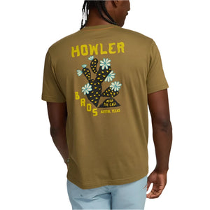 Model Wearing Howler Bros. Pocket T-shirt with Prickly Pear Graphic on the back, rear  view