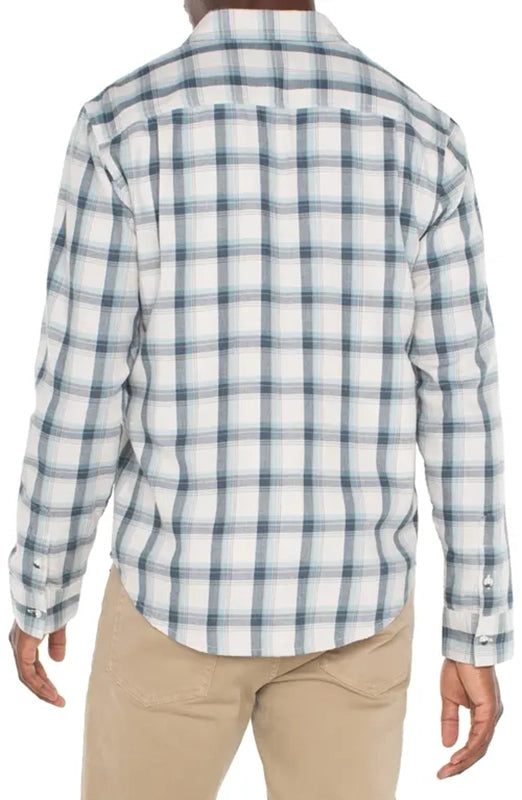 Model Wearing Liverpool Plaid Button up shirt in Putty / Blue / Grey color, rear view