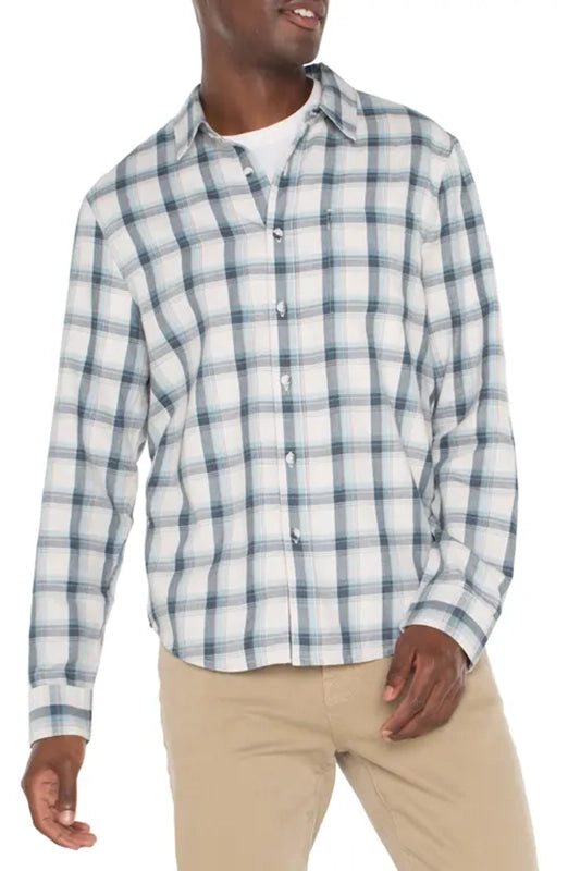 Model Wearing Liverpool Plaid Button up shirt in Putty / Blue / Grey color, front view