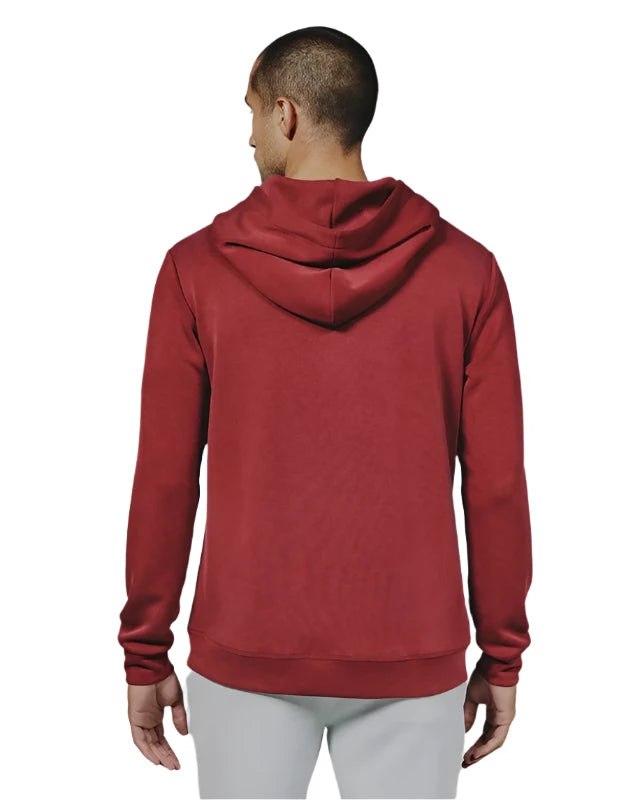 Model Wearing 7 Diamonds REV hoodie in Crimson color, rear view