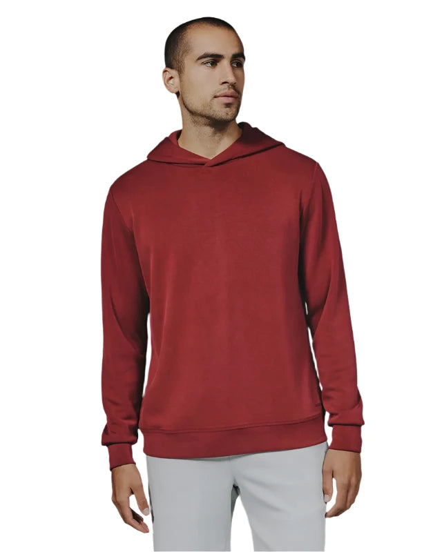 Model Wearing 7 Diamonds REV hoodie in Crimson color, front view