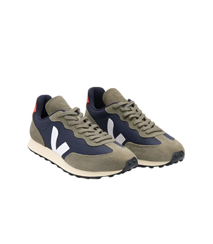 Veja Rio Branco shoe in Navy/Olive/orange, front angled view