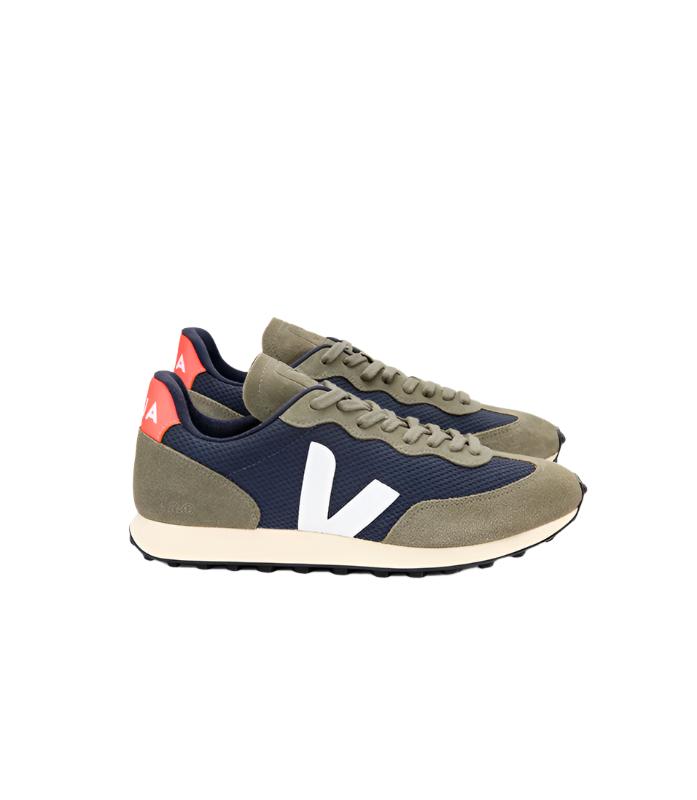 Veja Rio Branco shoe in Navy/Olive/orange, side view