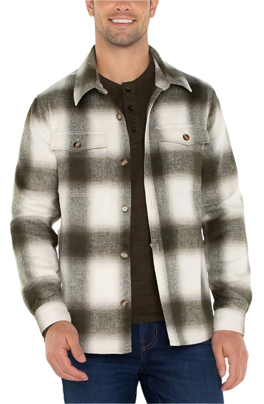 Model Wearing Liverpool Plaid Burts Shirt Jacket in Olive/White Plaid, front view