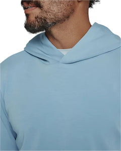 Model Wearing 7 Diamonds Rev Hoodie in Blue, front view, close up details