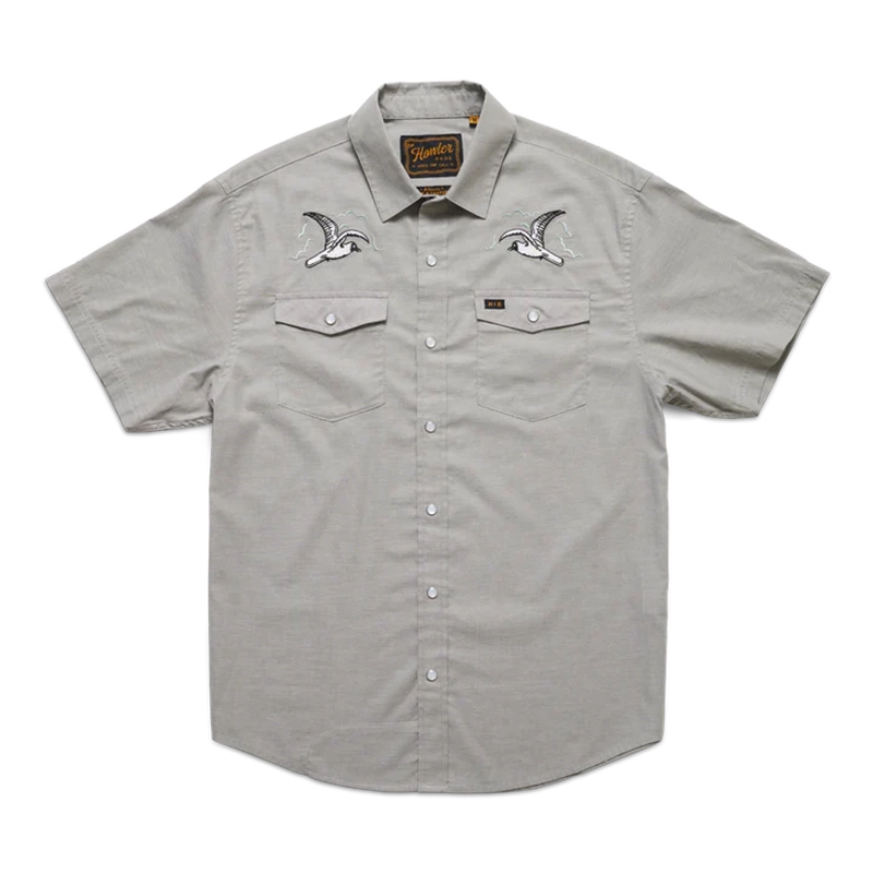Howler Brothers H bar B snapshirt with limited edition, dealer exclusive seagulls design on a grey shirt