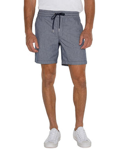 Model wearing Liverpool seersucker drawstring shorts, front view