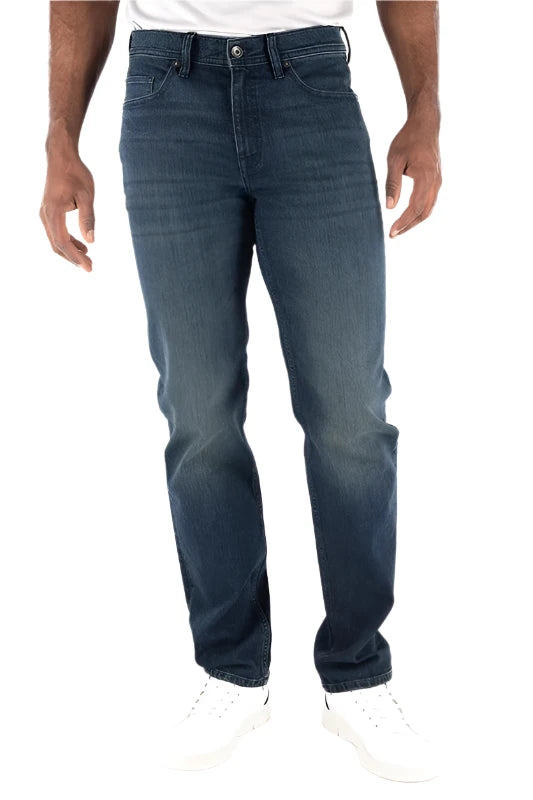 Model Wearing Devile Dog Slim Straight Jeans. in Benson Color, Front view