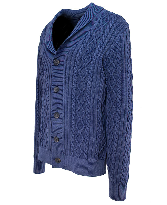 Schott NYC Stonewashed Cotton Cardigan sweater in Navy, front angled view