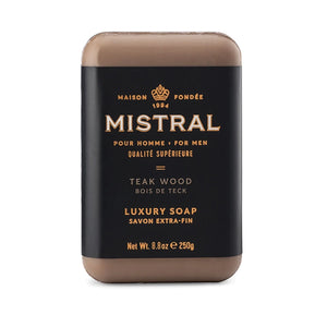 Mistral Teak Wood Bar soap in packaging
