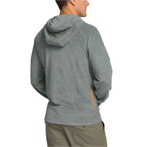 Model wearing Howler Bros. Tery Cloth Hoodie in Grey Heather, rear view