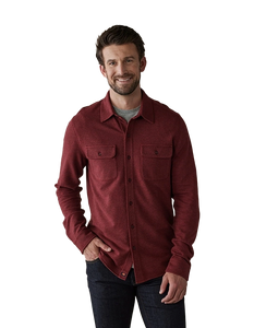 Model Wearing The Normal Brand Textured Knit Shirt in Scarlett,  Front View