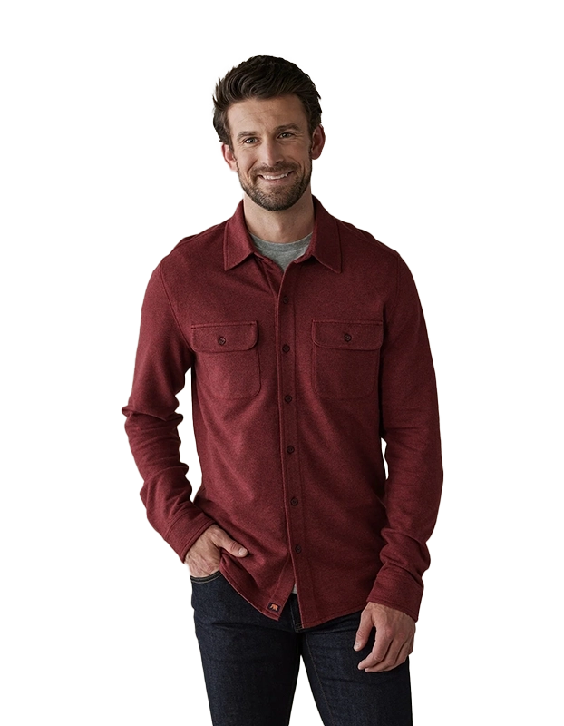 Model Wearing The Normal Brand Textured Knit Shirt in Scarlett,  Front View