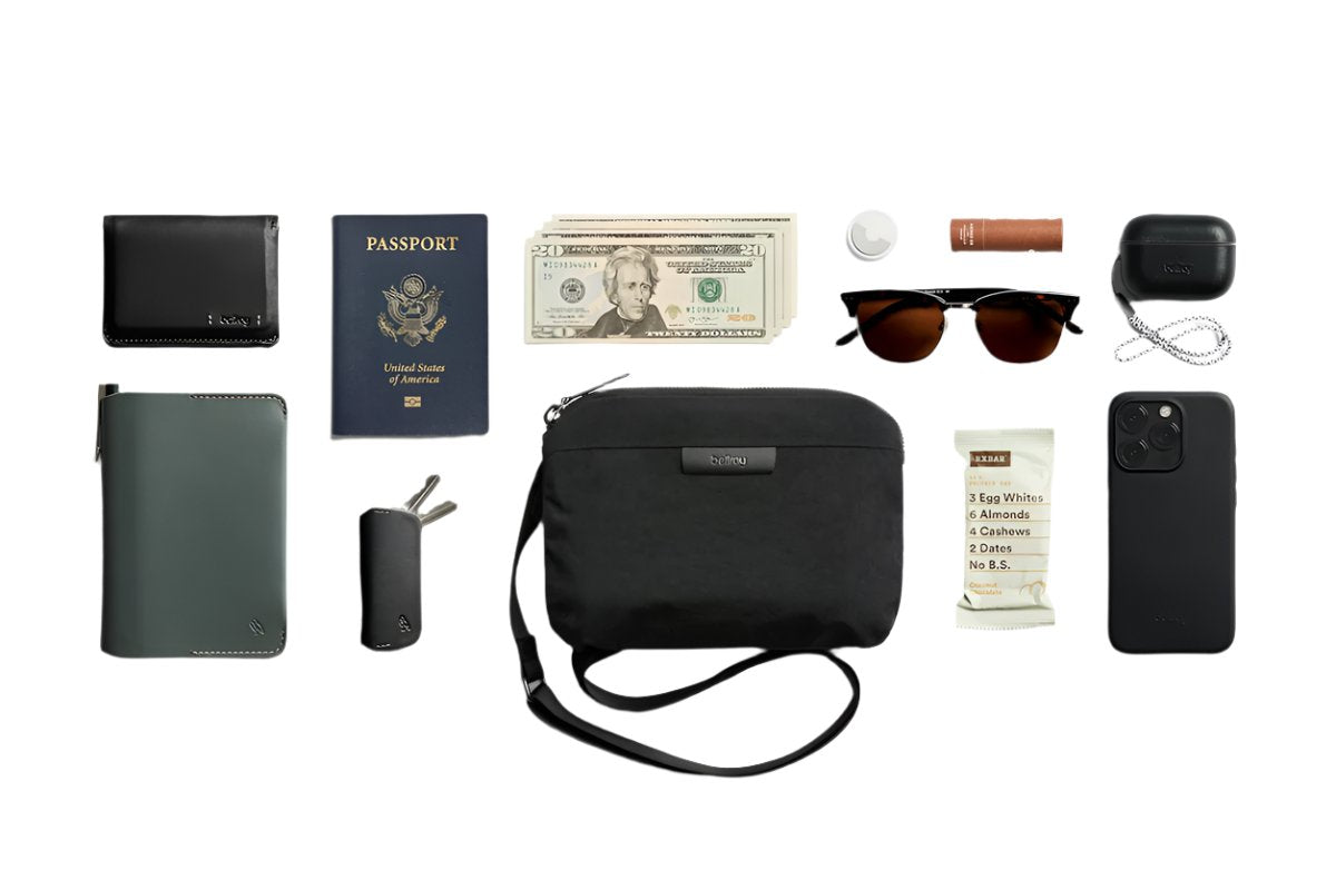 Bellroy Tokyo side bag in raven color, shown with contents capable of fitting inside as an example