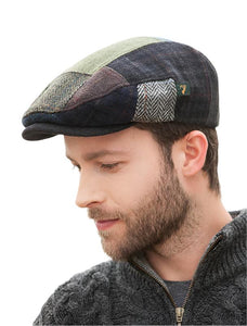 Model Wearing Trinity Flat cap in patchwork fabric