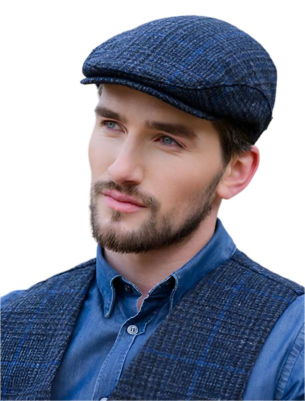 Modle Wearing Trinity Flat Cap in Charcoal / Blue houndstooth tweed