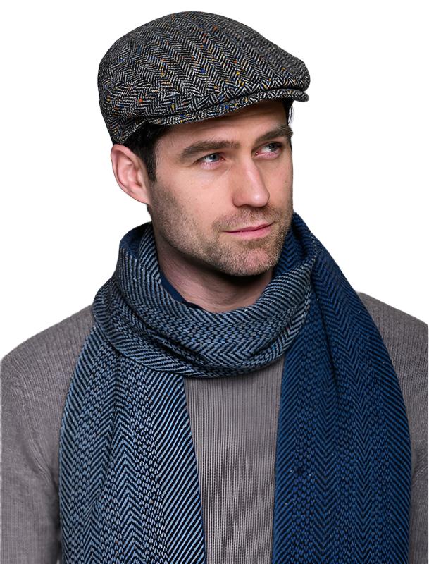 Model Wearing Trinity Flat cap in grey Herringbone tweed