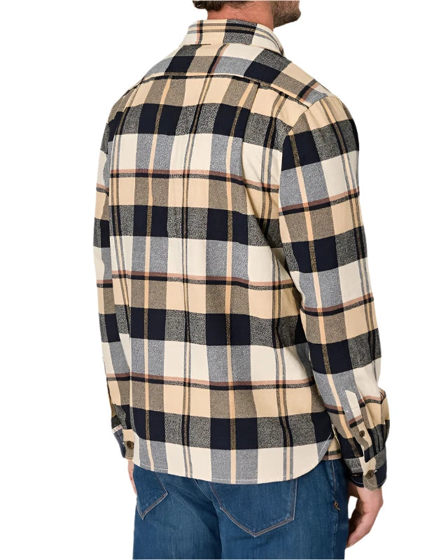 Model Wearing Ace Rivington Utility Flannel in Midnight Dune color, rear View