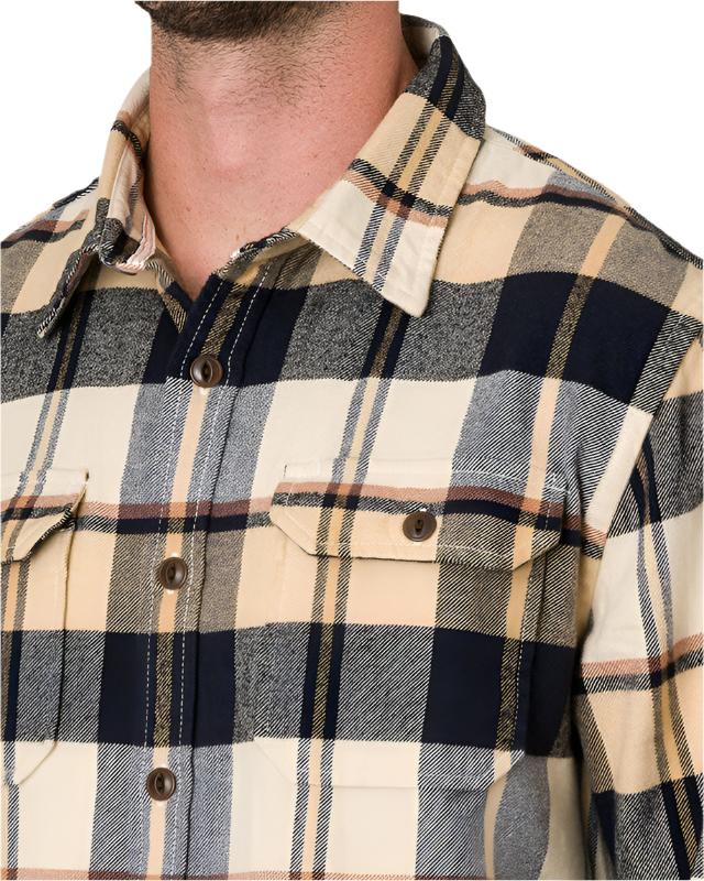 Model wearing Ace Rivington Utility Flannel in Midnight Dune color, Front close up View