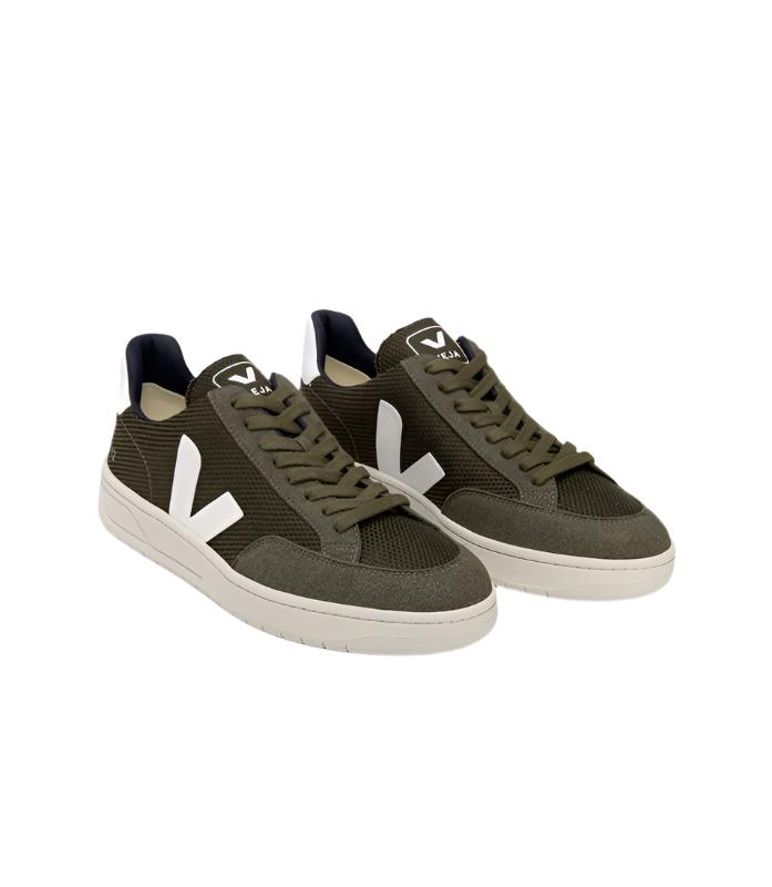 Veja V-12 B-mesh sneaker in Olive/White color, angled front view