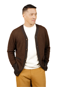 Model wearing Bridge & Burn Walker cardigan sweater in timber donegal color, front view