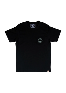 Iron & Resin Brand Button design pocket t-shirt in Black, back logo