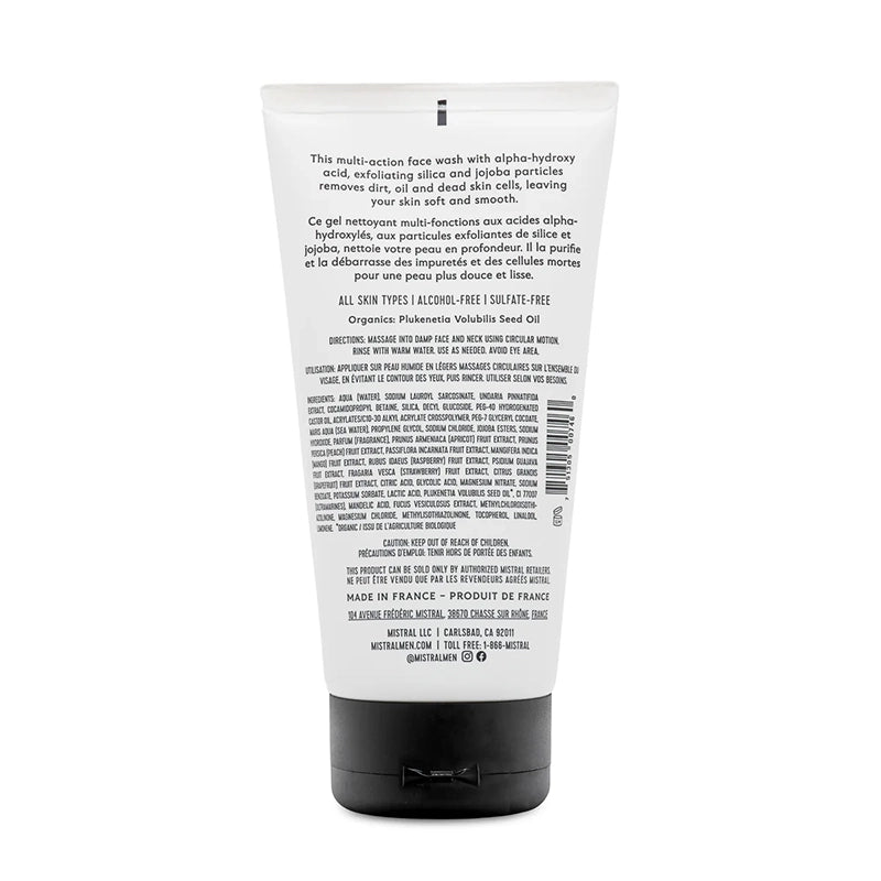 Mistral exfoliating face wash, back of package