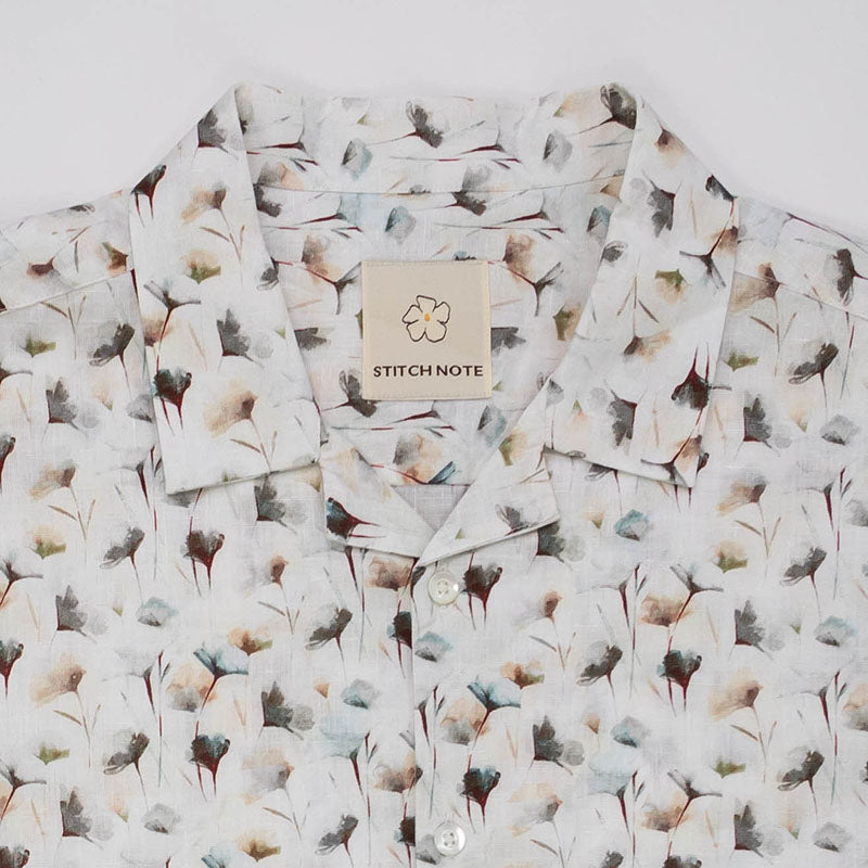 Stitch Note White Flower Linen shirt, flat lay close up collar detail view