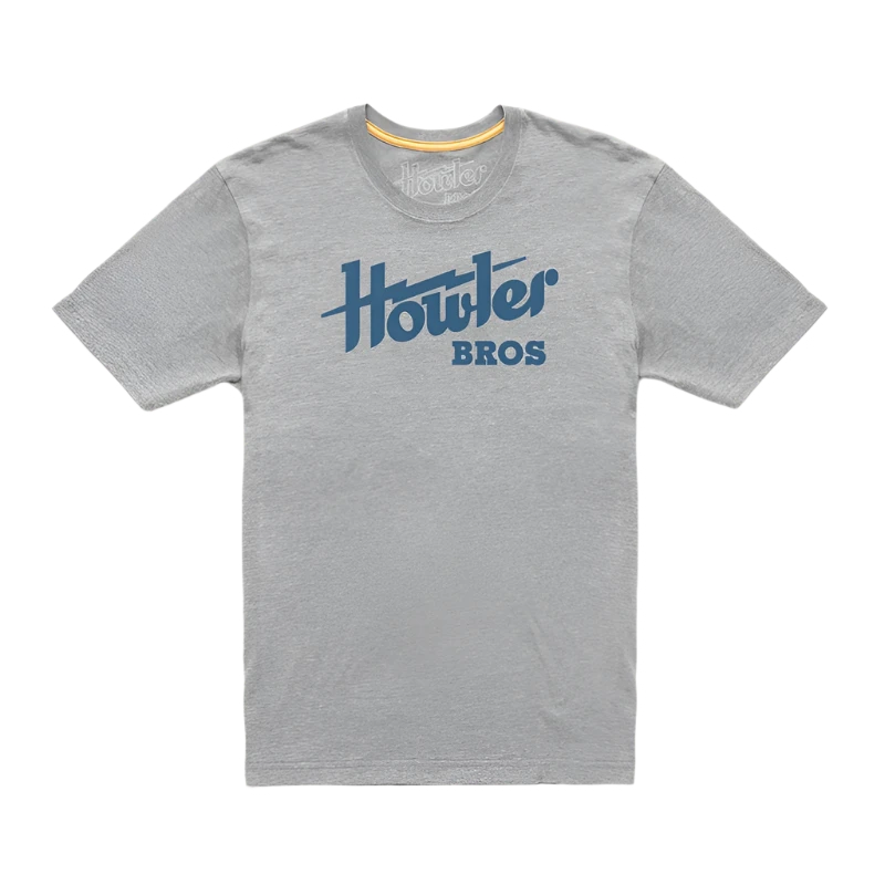 Howler Bros. Electric T-shirt in Heather Grey with Blue electric design, flat lay view