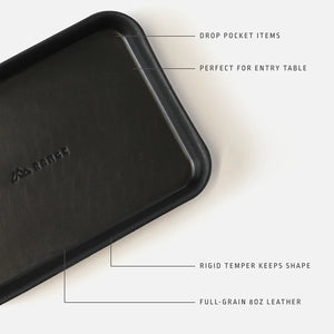 Range Leather Valet Tray in Black, with callouts detailing the features