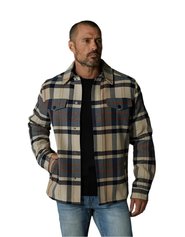 Model Wearing The Normal Brand Legend Jacket in Cream Plaid, front view