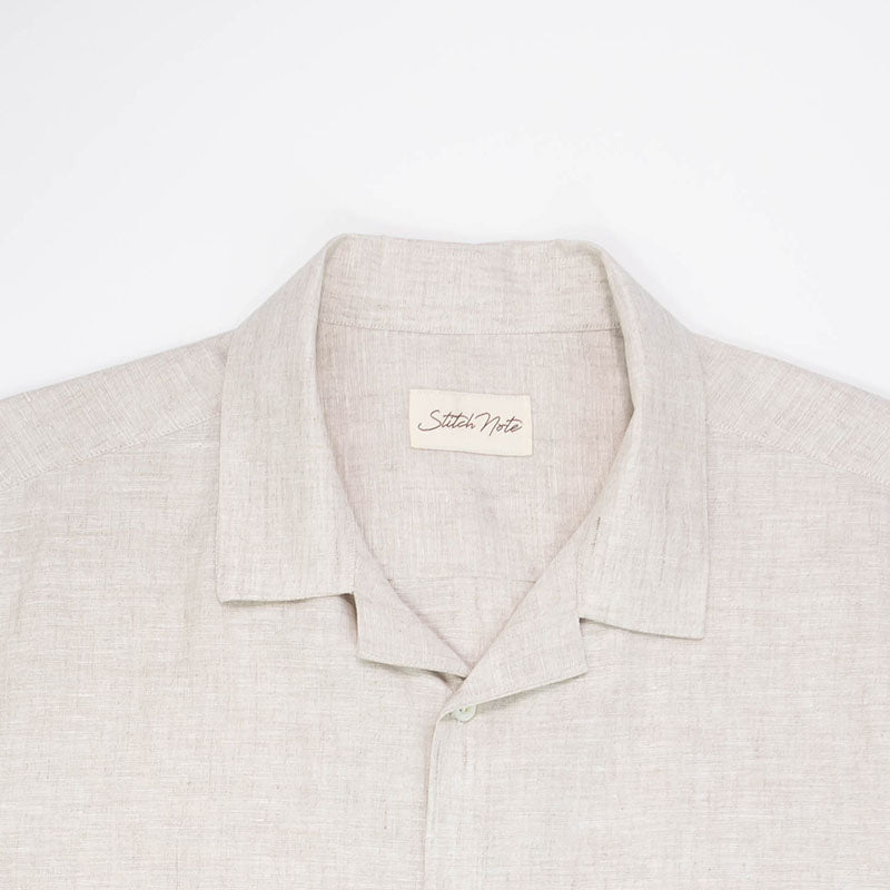 Stitch Note Lewis Tan Linen Shirt, flat lay collar detail view